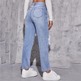 Jean déchiré, jean droit taille haute délavé